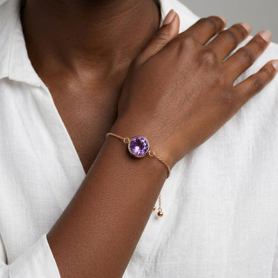 amethyst birthstone bracelet in rose gold finish — model view