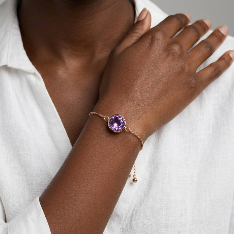 amethyst birthstone bracelet in rose gold finish — model view