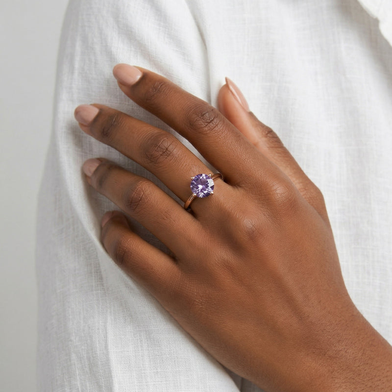 amethyst birthstone ring in rose gold finish — model view
