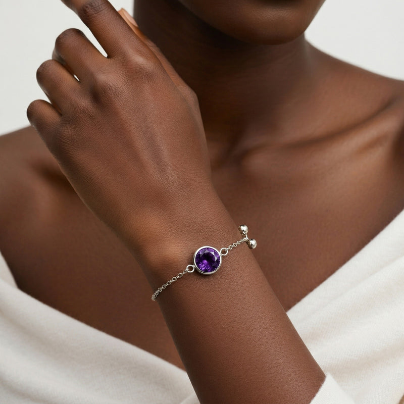 amethyst birthstone bracelet in white gold finish — model view
