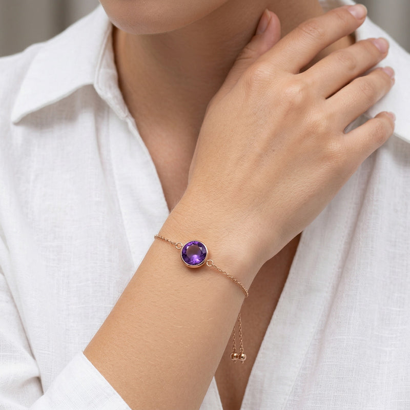 amethyst birthstone bracelet in rose gold finish — model view