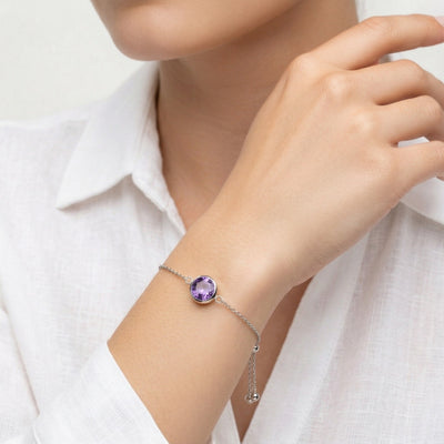 amethyst birthstone bracelet in white gold finish — model view