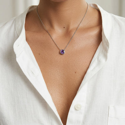 amethyst birthstone necklace in white gold finish — model view