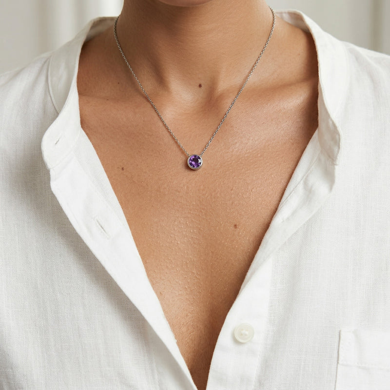 amethyst birthstone necklace in white gold finish — model view