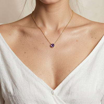 amethyst birthstone necklace in yellow gold finish — model view