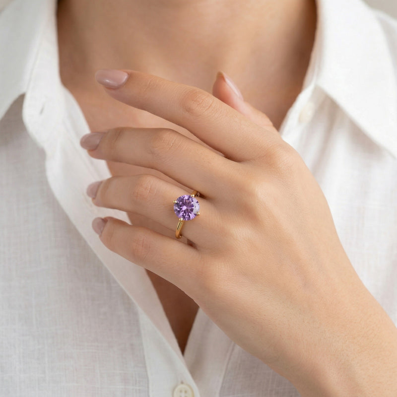 amethyst birthstone ring in yellow gold finish — model view