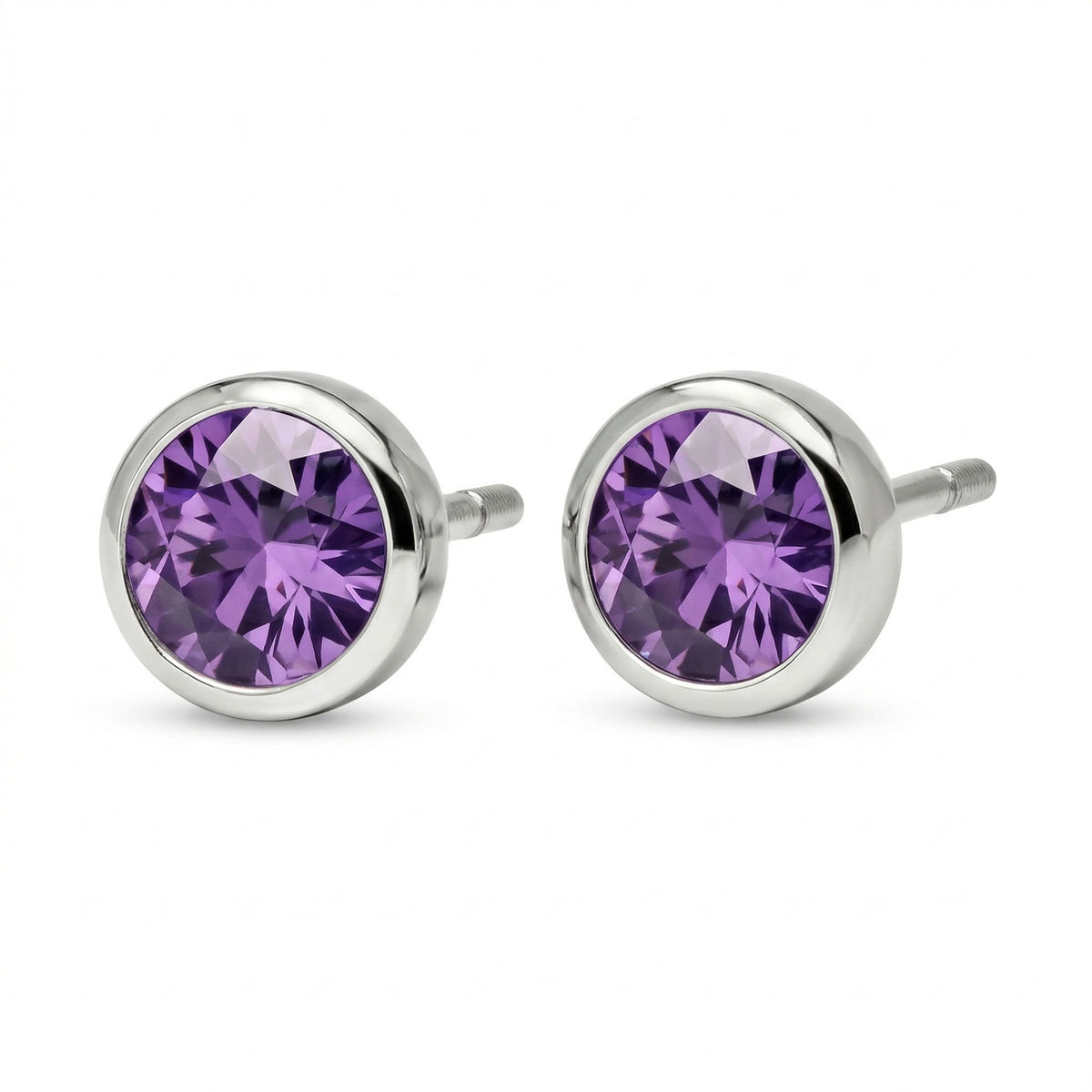 amethyst birthstone stud earrings in white gold finish — side view