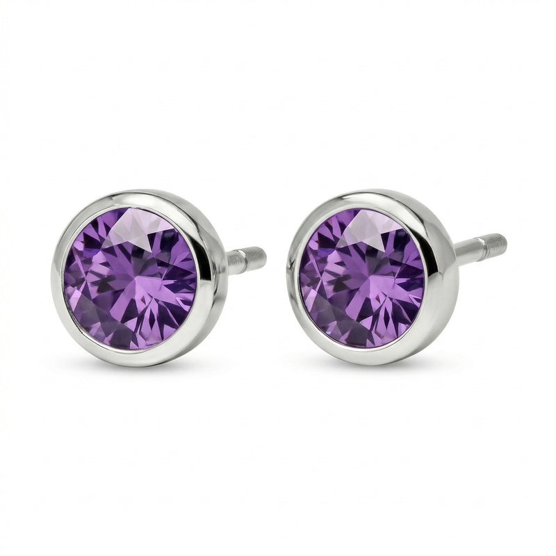 amethyst birthstone stud earrings in white gold finish — side view