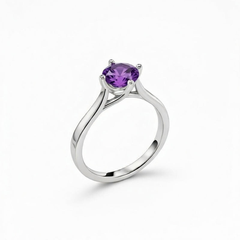 amethyst birthstone ring in white gold finish — side view