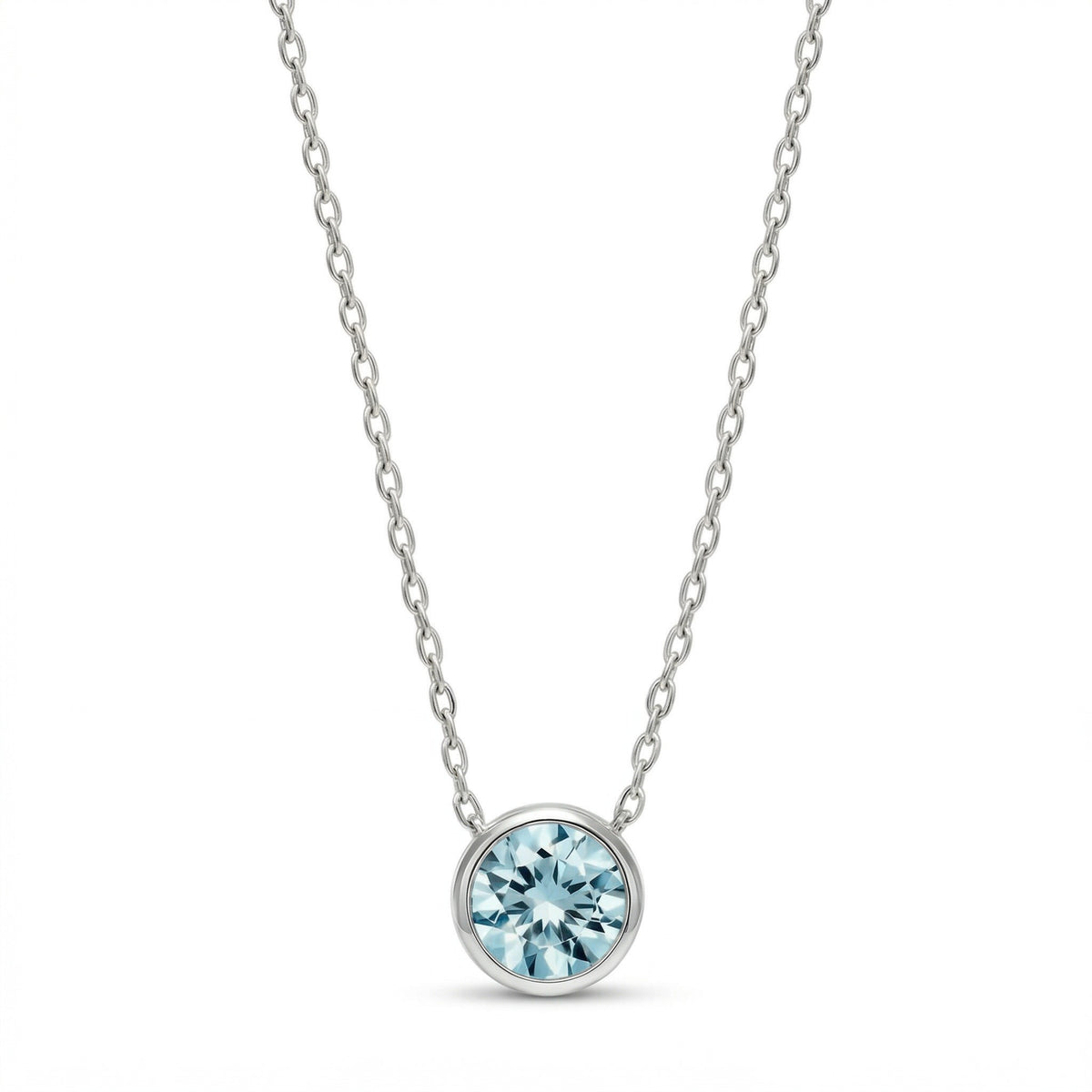 aquamarine birthstone necklace in white gold finish — front view