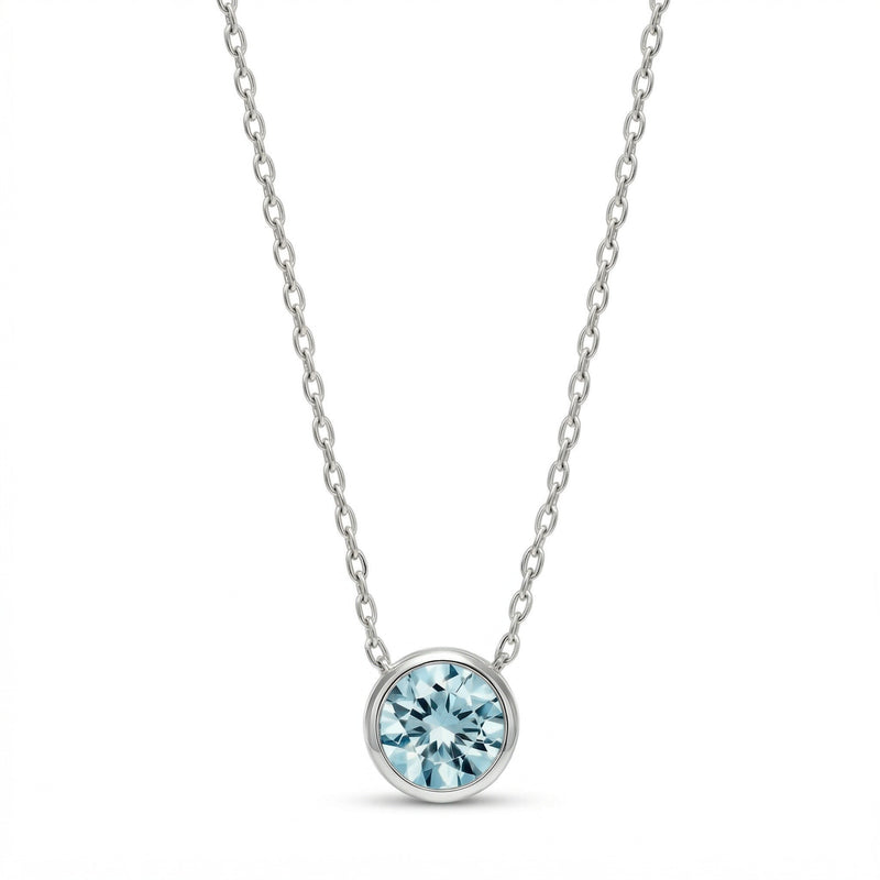 aquamarine birthstone necklace in white gold finish — front view