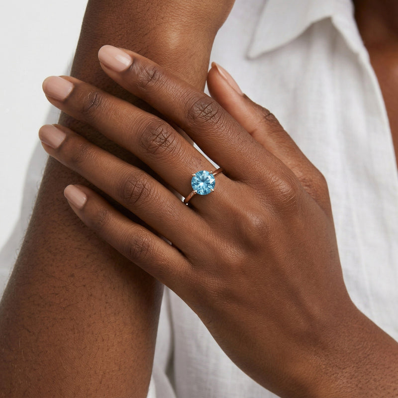 aquamarine birthstone ring in rose gold finish — model view
