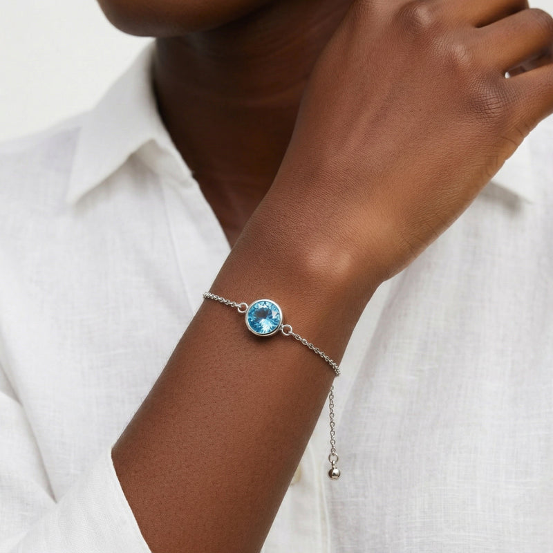 aquamarine birthstone bracelet in white gold finish — model view