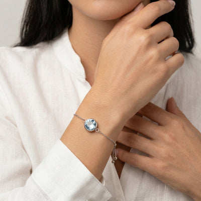 aquamarine birthstone bracelet in white gold finish — model view
