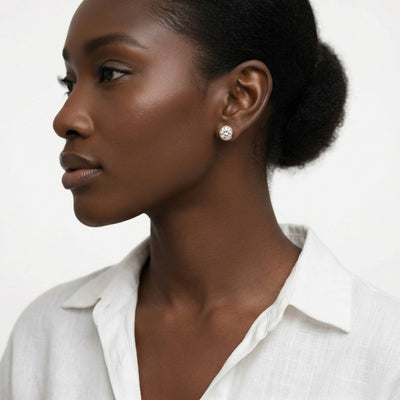 diamond birthstone stud earrings in rose gold finish — model view