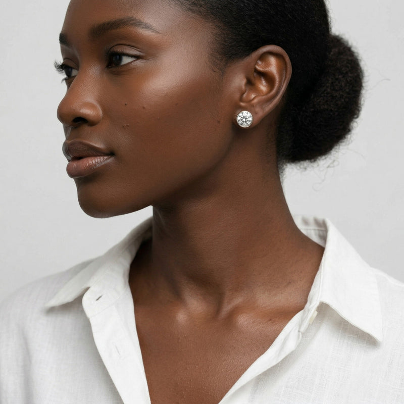 diamond birthstone stud earrings in white gold finish — model view