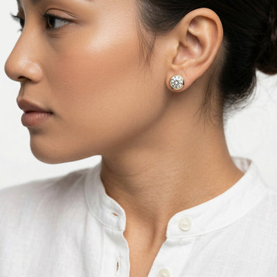 diamond birthstone stud earrings in yellow gold finish — model view