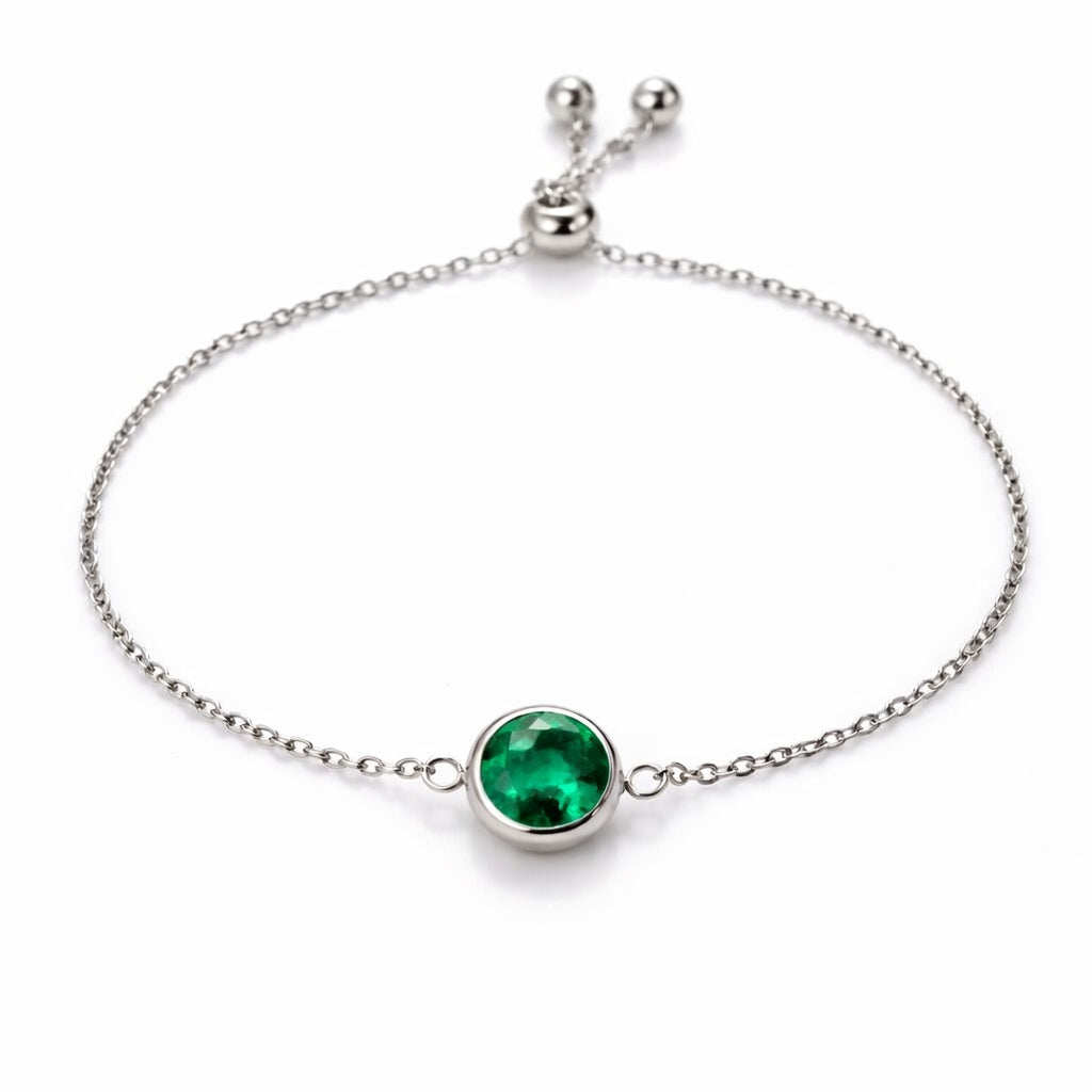 emerald birthstone bracelet in white gold finish — front view