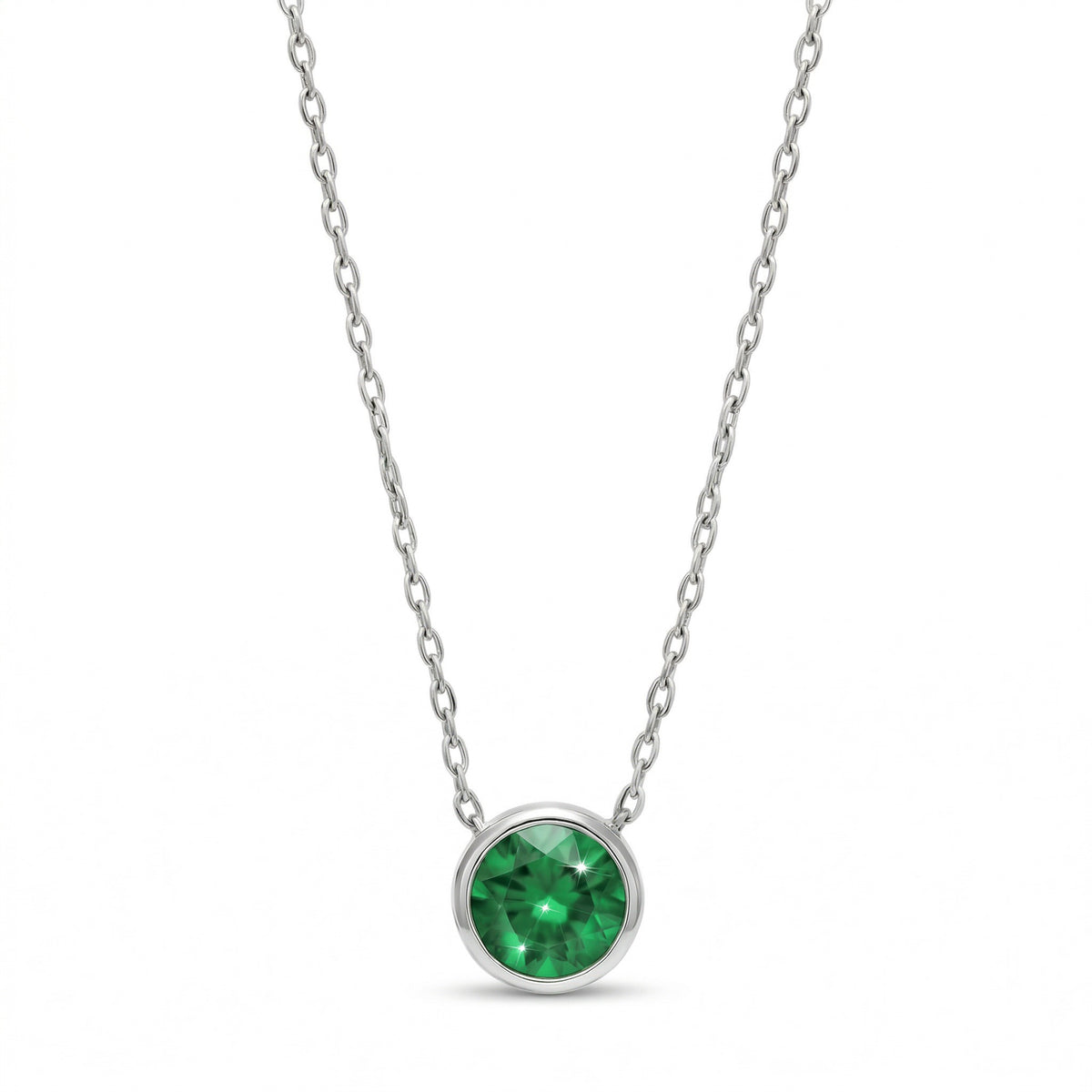 emerald birthstone necklace in white gold finish — front view