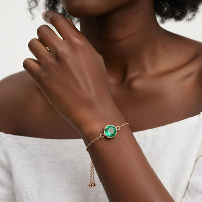 emerald birthstone bracelet in rose gold finish — model view