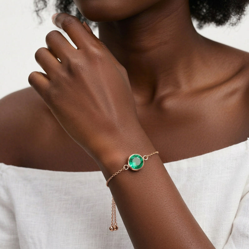 emerald birthstone bracelet in rose gold finish — model view