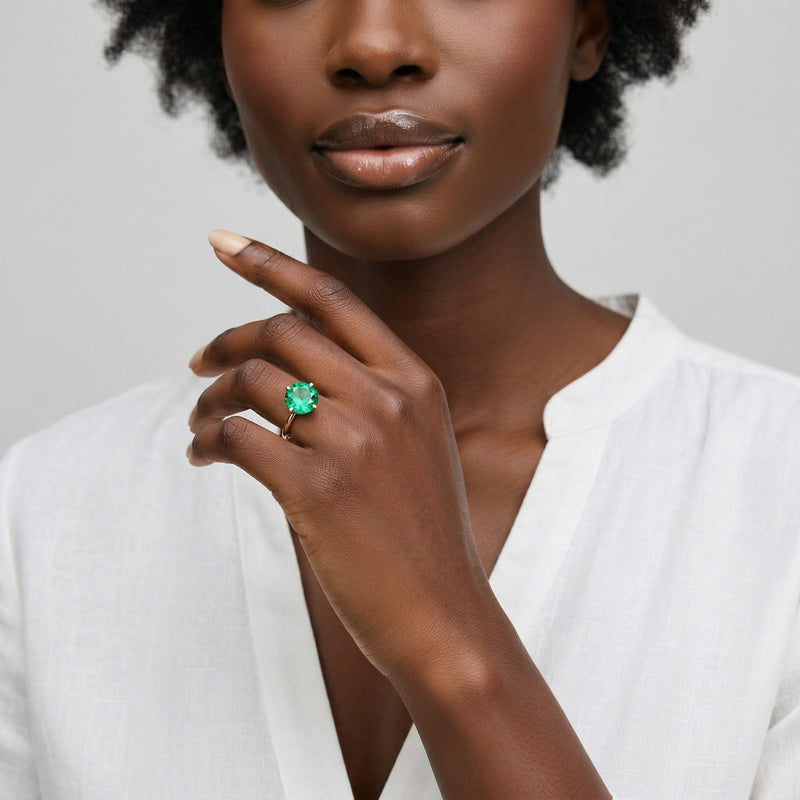 emerald birthstone ring in rose gold finish — model view