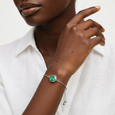 emerald birthstone bracelet in white gold finish — model view