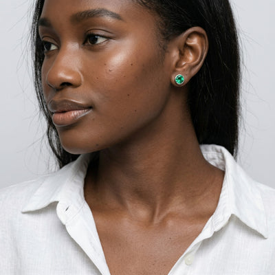 emerald birthstone stud earrings in white gold finish — model view