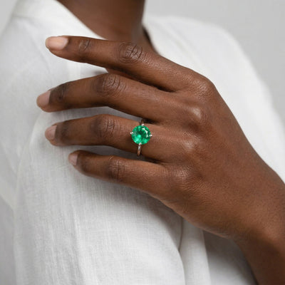 emerald birthstone ring in white gold finish — model view