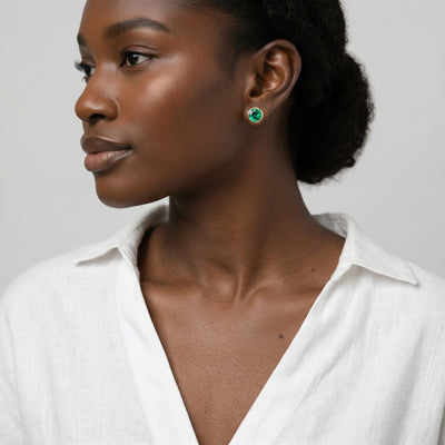 emerald birthstone stud earrings in yellow gold finish — model view