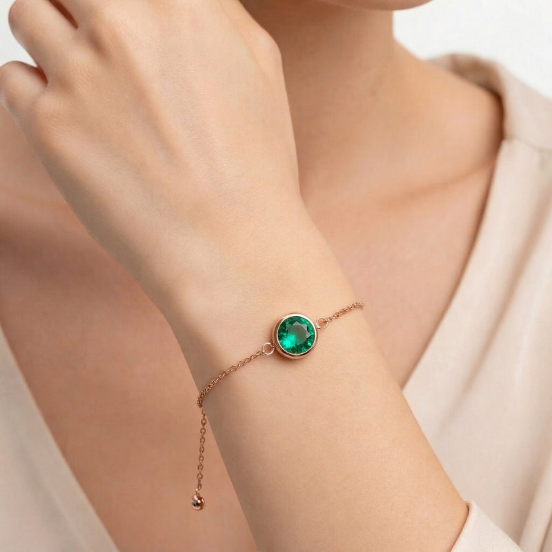emerald birthstone bracelet in rose gold finish — model view