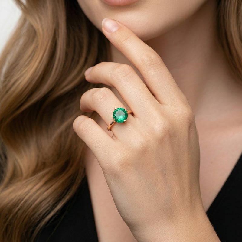 emerald birthstone ring in rose gold finish — model view