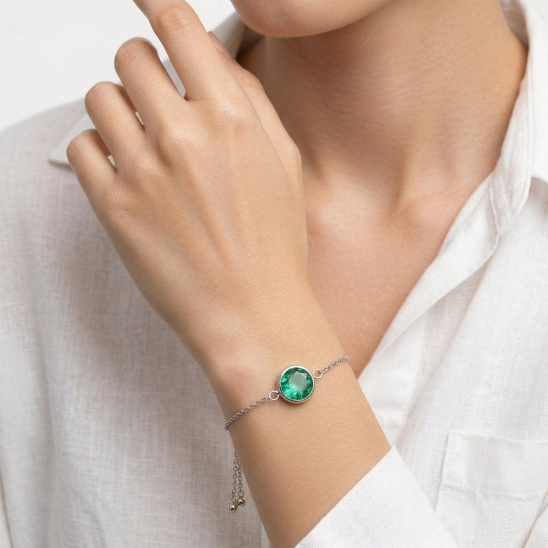 emerald birthstone bracelet in white gold finish — model view