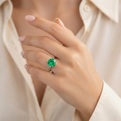emerald birthstone ring in white gold finish — model view