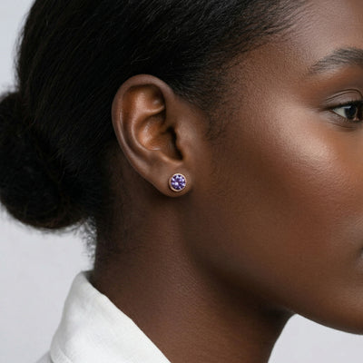 alexandrite birthstone stud earrings in rose gold finish — model view
