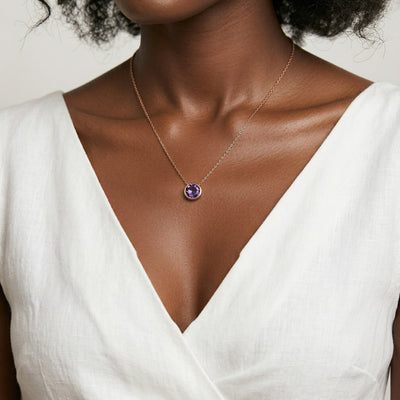 alexandrite birthstone necklace in rose gold finish — model view