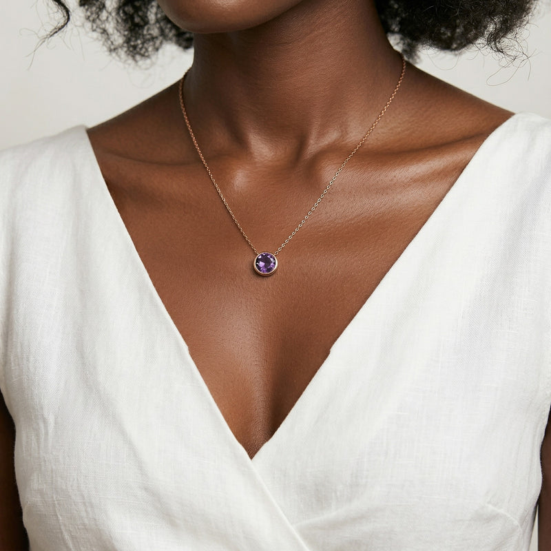 alexandrite birthstone necklace in rose gold finish — model view