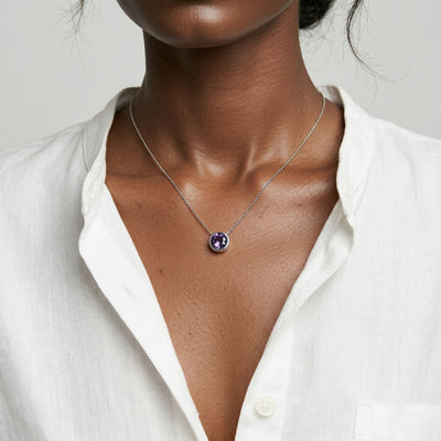 alexandrite birthstone necklace in white gold finish — model view