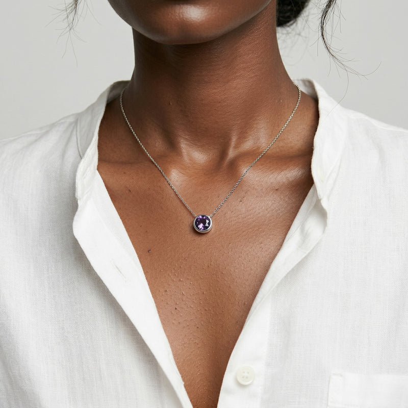 alexandrite birthstone necklace in white gold finish — model view