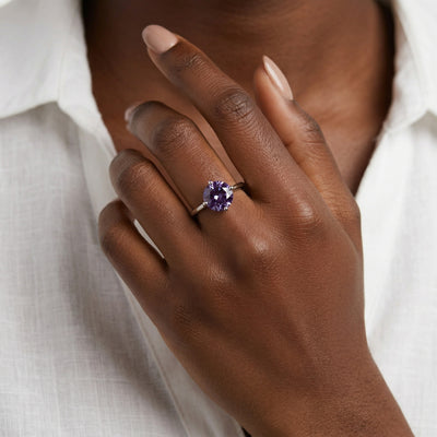 alexandrite birthstone ring in white gold finish — model view