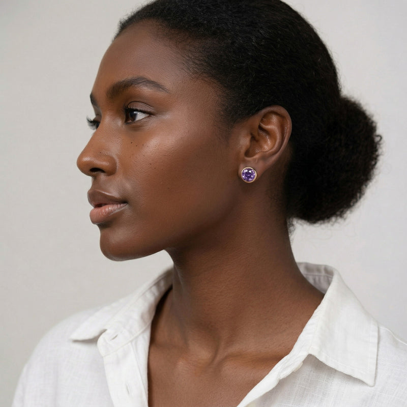 alexandrite birthstone stud earrings in yellow gold finish — model view