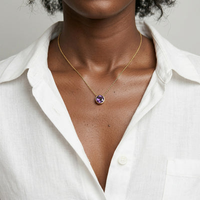 alexandrite birthstone necklace in yellow gold finish — model view