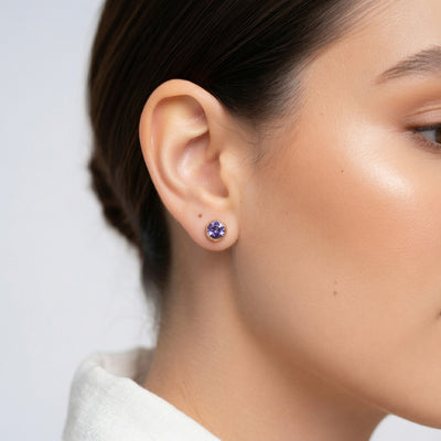 alexandrite birthstone stud earrings in rose gold finish — model view