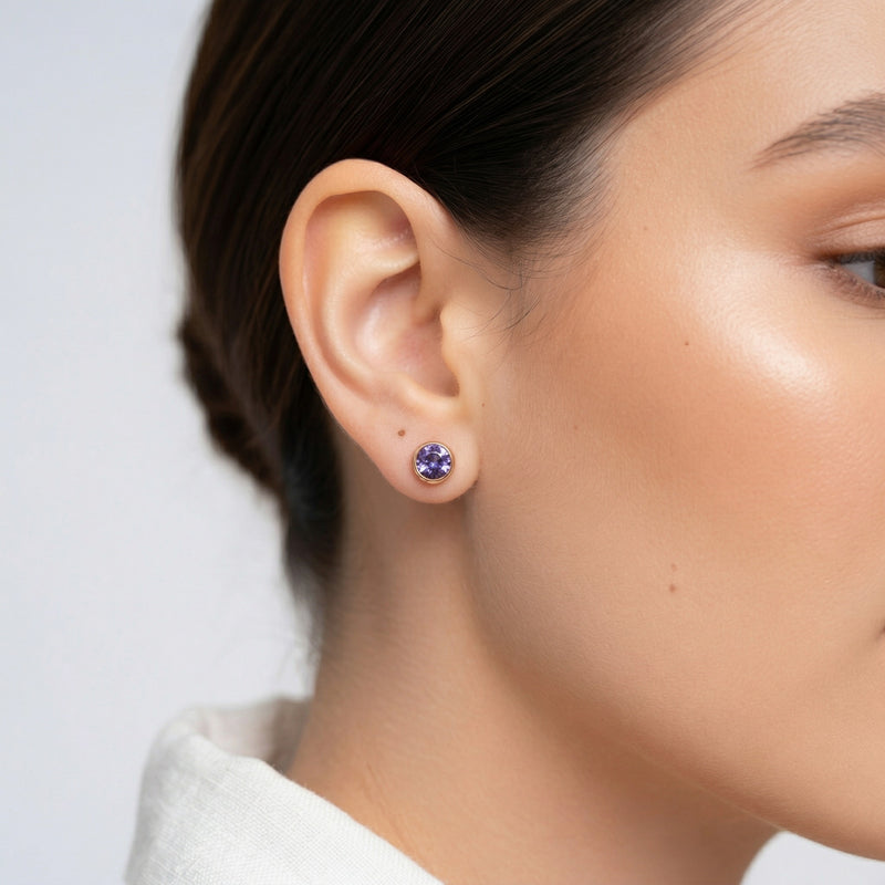 alexandrite birthstone stud earrings in rose gold finish — model view