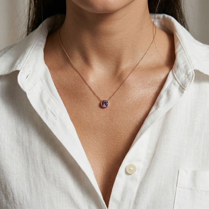 alexandrite birthstone necklace in rose gold finish — model view