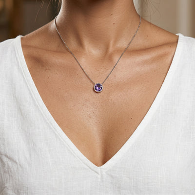alexandrite birthstone necklace in white gold finish — model view