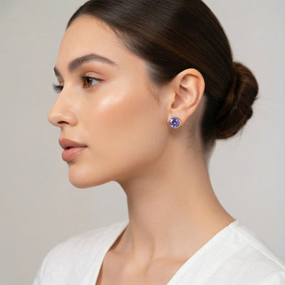 alexandrite birthstone stud earrings in yellow gold finish — model view