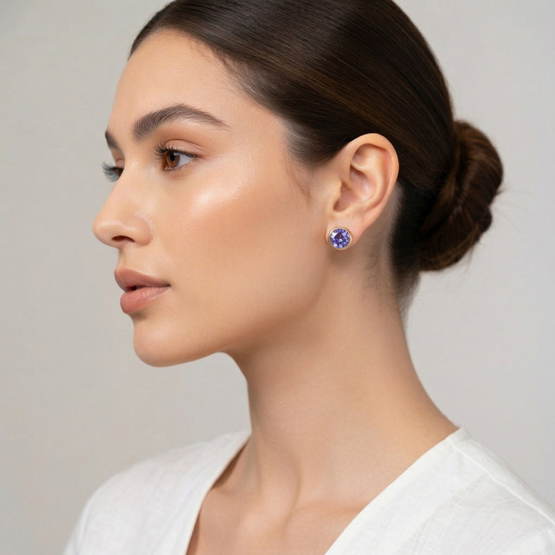 alexandrite birthstone stud earrings in yellow gold finish — model view