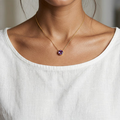 alexandrite birthstone necklace in yellow gold finish — model view