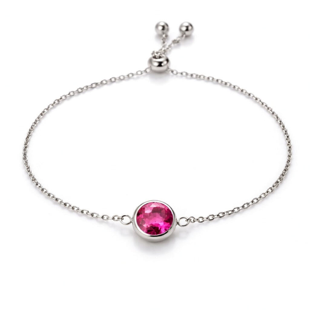 ruby birthstone bracelet in white gold finish — front view